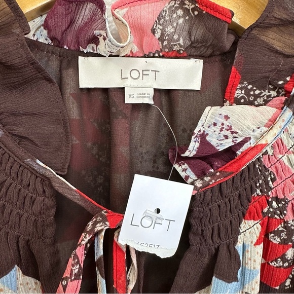 NWT LOFT Garden Smocked Ruffle Tie Neck Blouse Windsor Wine Ruffle Sheer Flowy - Picture 5 of 10